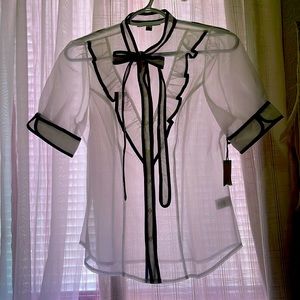 Sheer blouse with ruffles and puff sleeves.